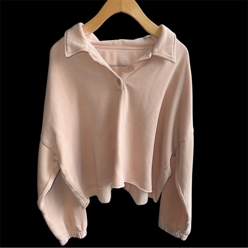 Aerie Fleece of Mind Cropped Polo Sweatshirt in color “Natural Nude”